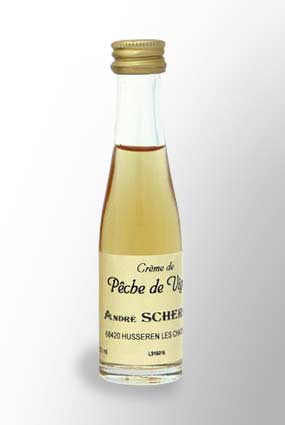 Mignonnette de liqueur de Pêche de Vigne 18° - Achat en ligne de petite bouteille de pêche de vigne - André Scherer en Alsace